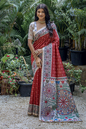 Red Tussar Silk Blend Saree With Blouse Piece