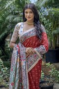 Red Tussar Silk Blend Saree With Blouse Piece