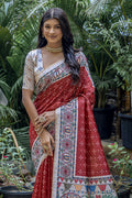 Red Tussar Silk Blend Saree With Blouse Piece