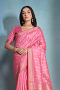 Pink Silk Blend Saree With Blouse Piece