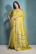 Green Silk Blend Saree With Blouse Piece