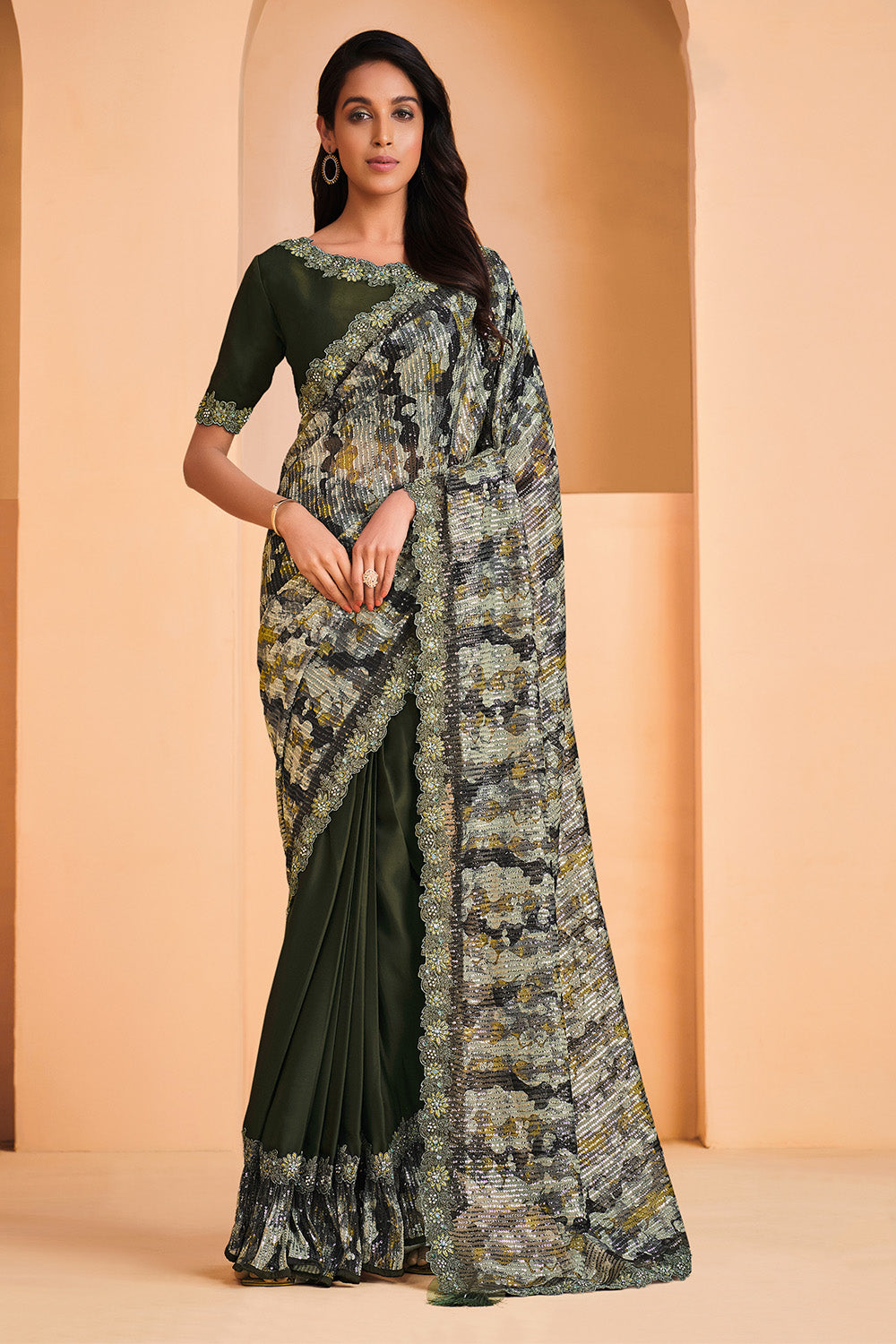 Navy Blue Satin Crepe Digital Printed Saree