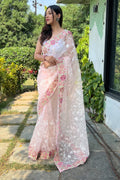 Peach Organza Saree with White Blouse Piece