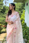 Peach Organza Saree with White Blouse Piece