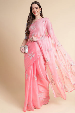 Pink Nylon Floral Embroidered Saree