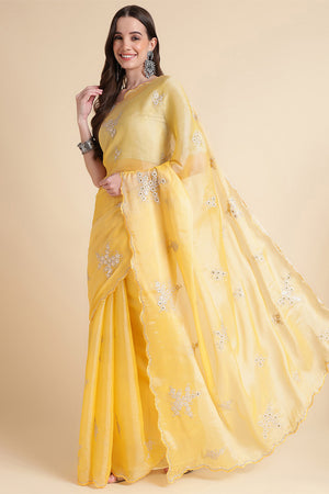 Yellow Nylon Floral Embroidered Mirror Work Saree