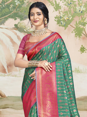 Teal Silk Saree With Blouse Piece