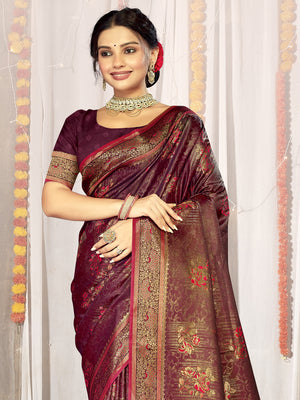 Burgundy Satin Saree With Blouse Piece