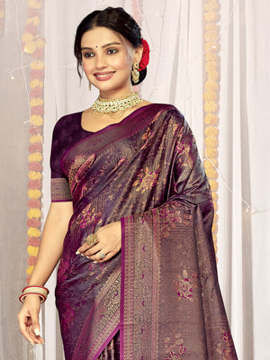 Purple Satin Saree With Blouse Piece