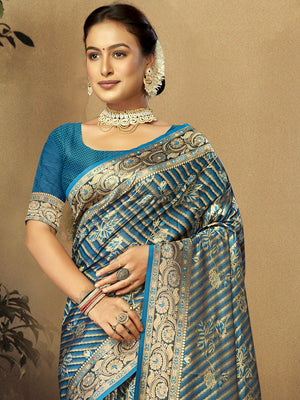 Blue Satin Saree With Blouse Piece