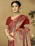 Red Satin Saree With Blouse Piece