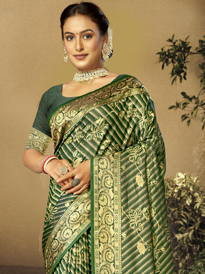 Green Satin Saree With Blouse Piece