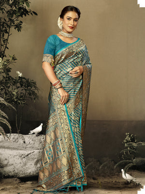 Sky Blue Satin Saree With Blouse Piece