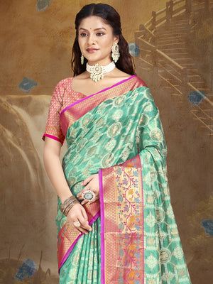 Turquoise Silk Saree With Blouse Piece