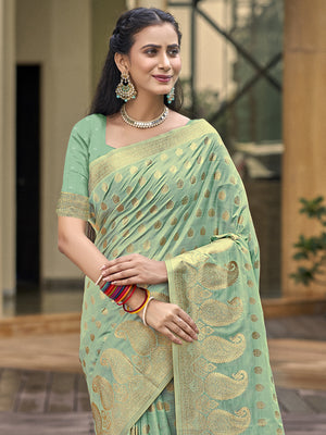 Turquoise Silk Saree With Blouse Piece