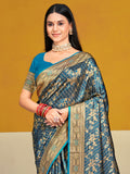 Blue Satin Silk Saree With Blouse Piece