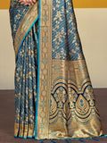 Blue Satin Silk Saree With Blouse Piece