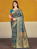 Blue Satin Silk Saree With Blouse Piece