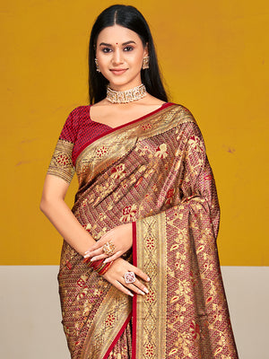 Maroon Satin Silk Saree With Blouse Piece