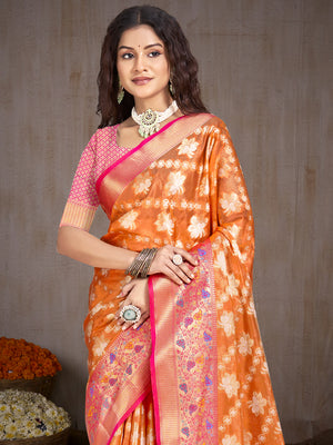 Orange Silk Saree With Blouse Piece