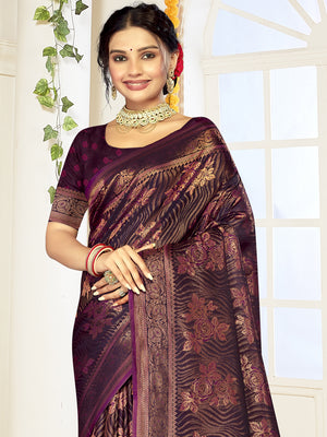 Burgundy Satin Saree With Blouse Piece