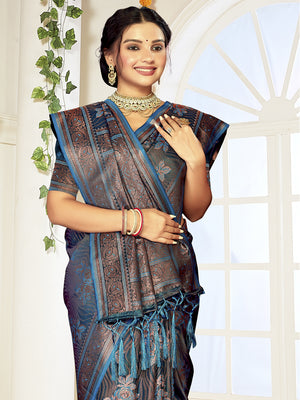 Blue Satin Saree With Blouse Piece