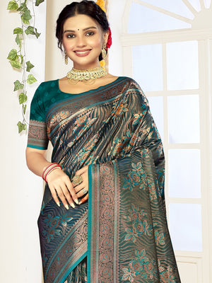 Green Satin Saree With Blouse Piece