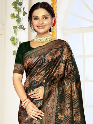 Green Satin Saree With Blouse Piece