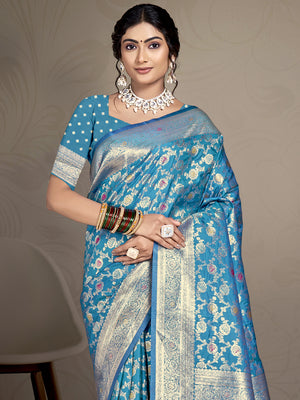 Sky Blue Silk Saree With Blouse Piece