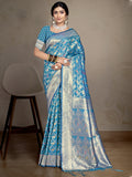 Sky Blue Silk Saree With Blouse Piece