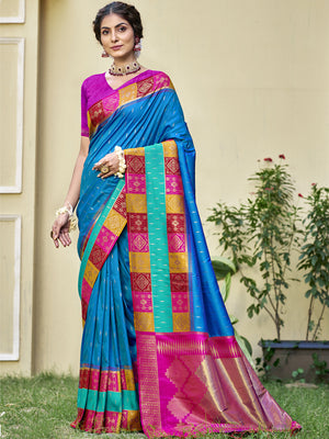 Blue Silk Saree With Blouse Piece