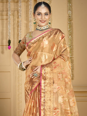 Peach Organza Saree With Blouse Piece