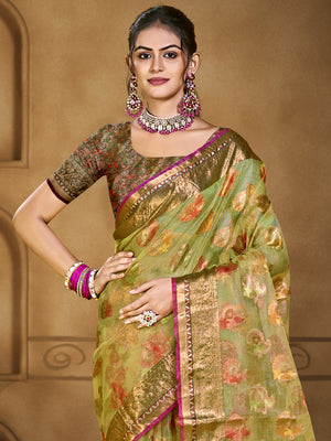 Green Organza Saree With Blouse Piece