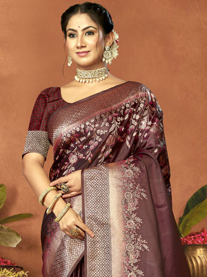 Brown Satin Saree With Blouse Piece