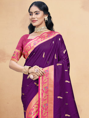 Wine Silk Saree With Blouse Piece