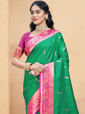 Teal Silk Saree With Blouse Piece