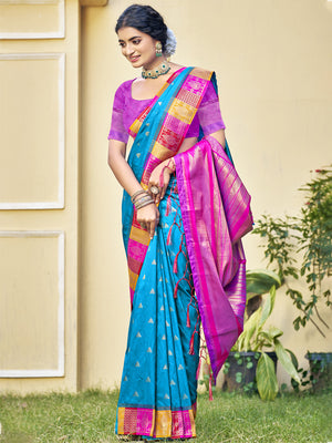 Blue Silk Saree With Blouse Piece