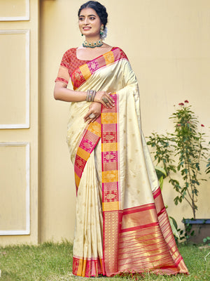 Cream Silk Saree With Blouse Piece