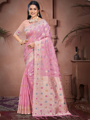 Pink Cotton Saree With Blouse Piece