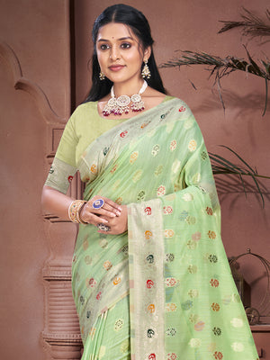 Green Cotton Saree With Blouse Piece