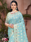 Blue Cotton Saree With Blouse Piece