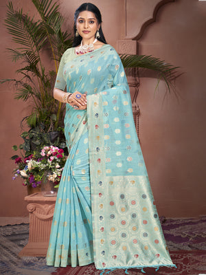 Blue Cotton Saree With Blouse Piece