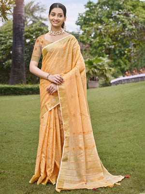 Peach Cotton Saree With Blouse Piece