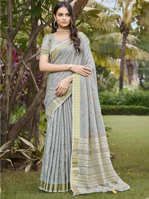 Grey Cotton Saree With Blouse Piece