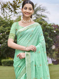 Turquoise Cotton Saree With Blouse Piece