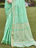 Turquoise Cotton Saree With Blouse Piece