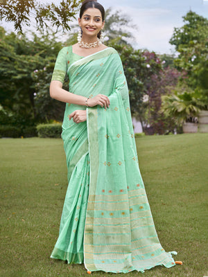 Turquoise Cotton Saree With Blouse Piece