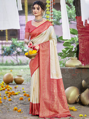 Cream Silk Saree With Blouse Piece