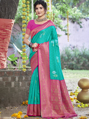 Teal Silk Saree With Blouse Piece