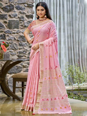 Pink Cotton Saree With Blouse Piece